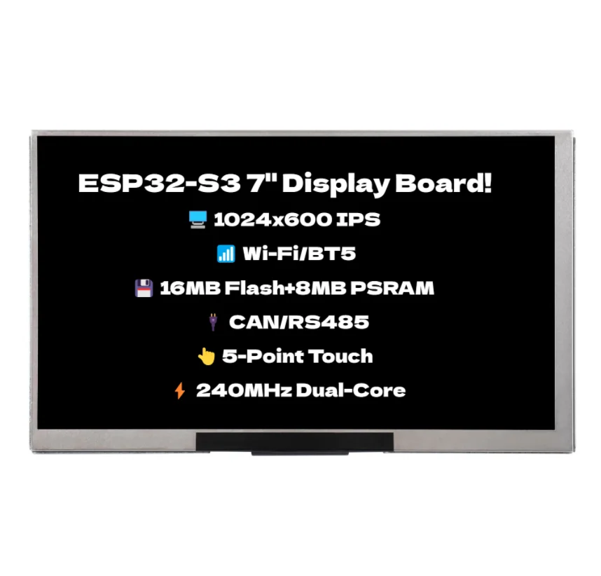 

ESP32-S3 7-inch LCD Development Board - 1024x600 IPS Display, Wi-Fi/BT5, 16MB Flash, 8MB PSRAM, CAN/RS485, Touch & Non-Touch Opt