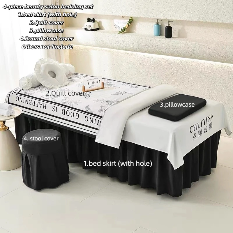 4pcs Beauty Salon Bed Cover Set, Class A Luxury Spa Massage Beskirt+quilt Cover+pillowcase+stool Cover Bedsing Sets LOGO