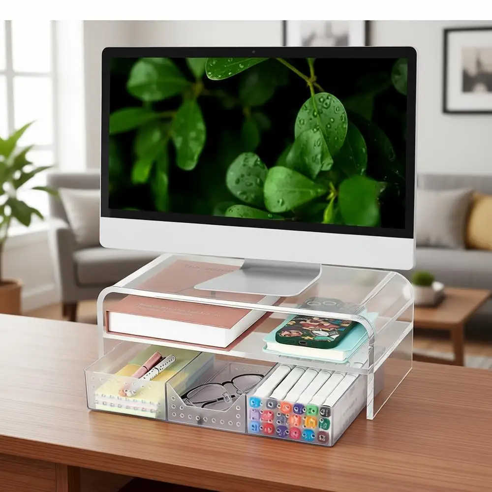 

Clear Acrylic Desk Organizers, 2-Tier Monitor Stand Riser, Laptop Stand, Transparent Office Desk Accessories