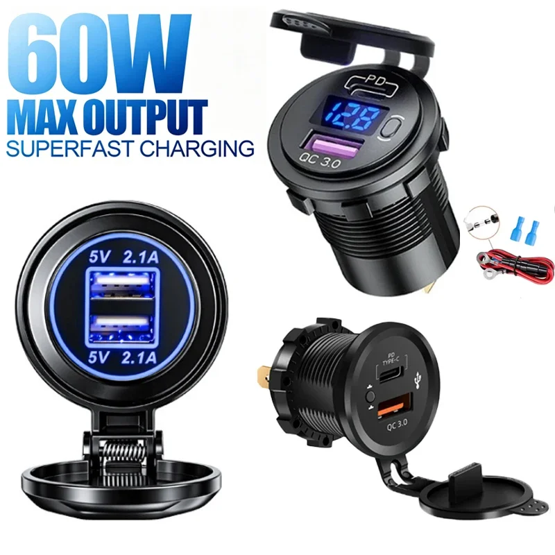 12V-24V Car Charger with Voltmeter Dual USB PD QC3.0 Motobike Socket Power Outlet Adapter Waterproof Boat Moto Car Accessories