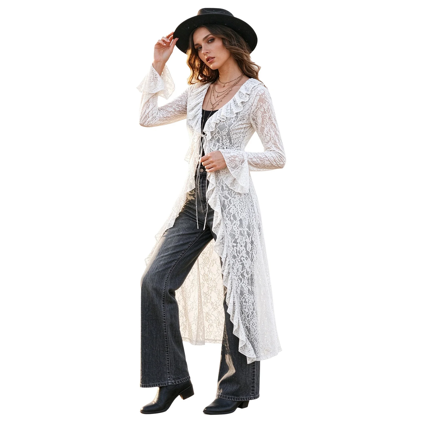 Womens Floral Lace Ruffles Long Cardigan See-thorough Hollow Out Flared Sleeve Tie-front Y2K Outerwear Tops Vacation Streetwear