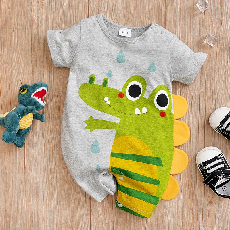 Summer Boys And Girls Cute Cartoon Crocodile 3d Printed Cotton Comfortable Casual Short Sleeve Baby Bodysuit