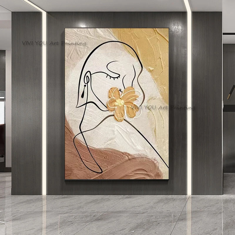 Handpainted Abstract Golden White Woman Face Canvas Oil Painting Wall Art Poster Simply Portrait Mural Living Room Decoration