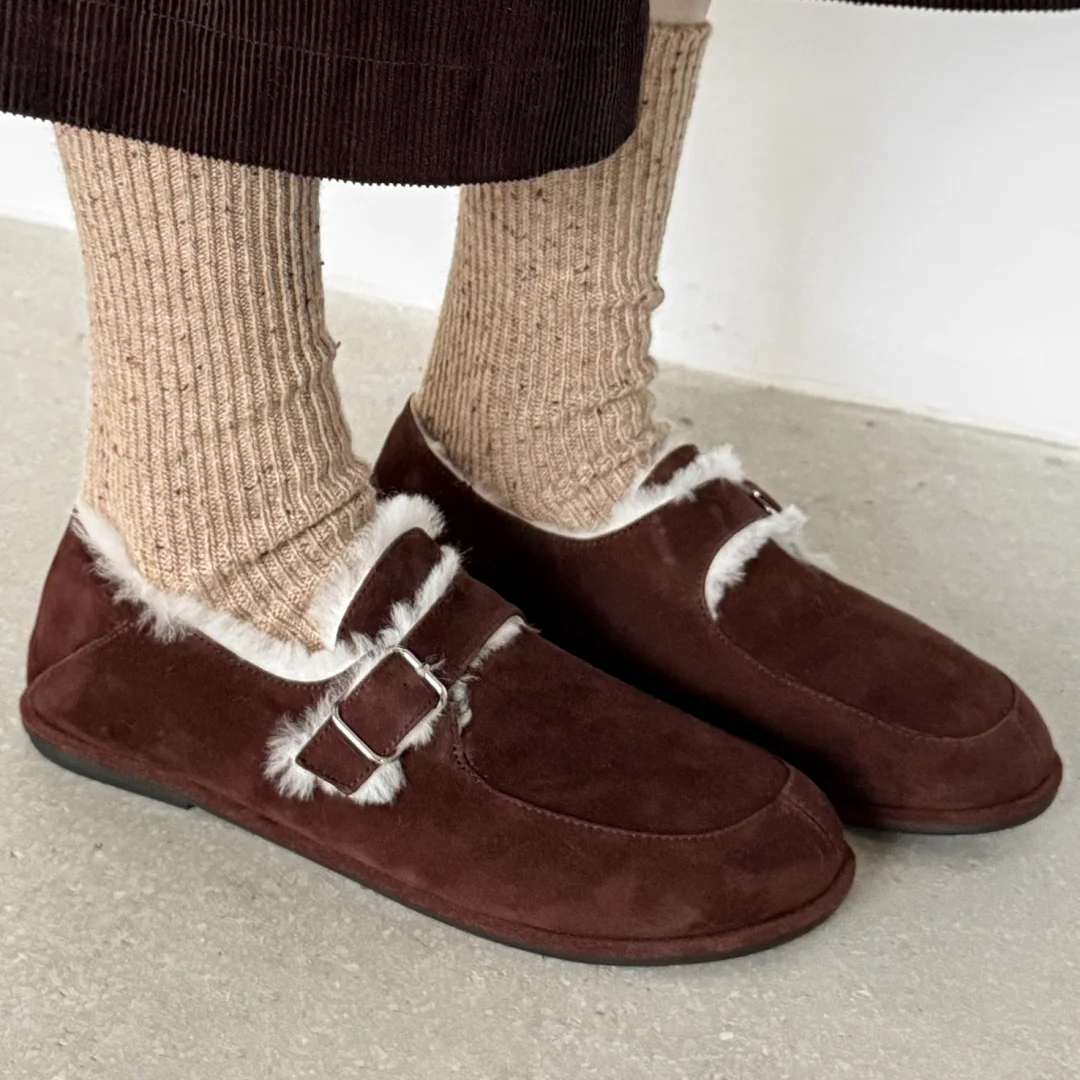 

Women's natural suede leather round toe metal buckle wool inside winter flats loafers high quality soft comfortable casual shoes