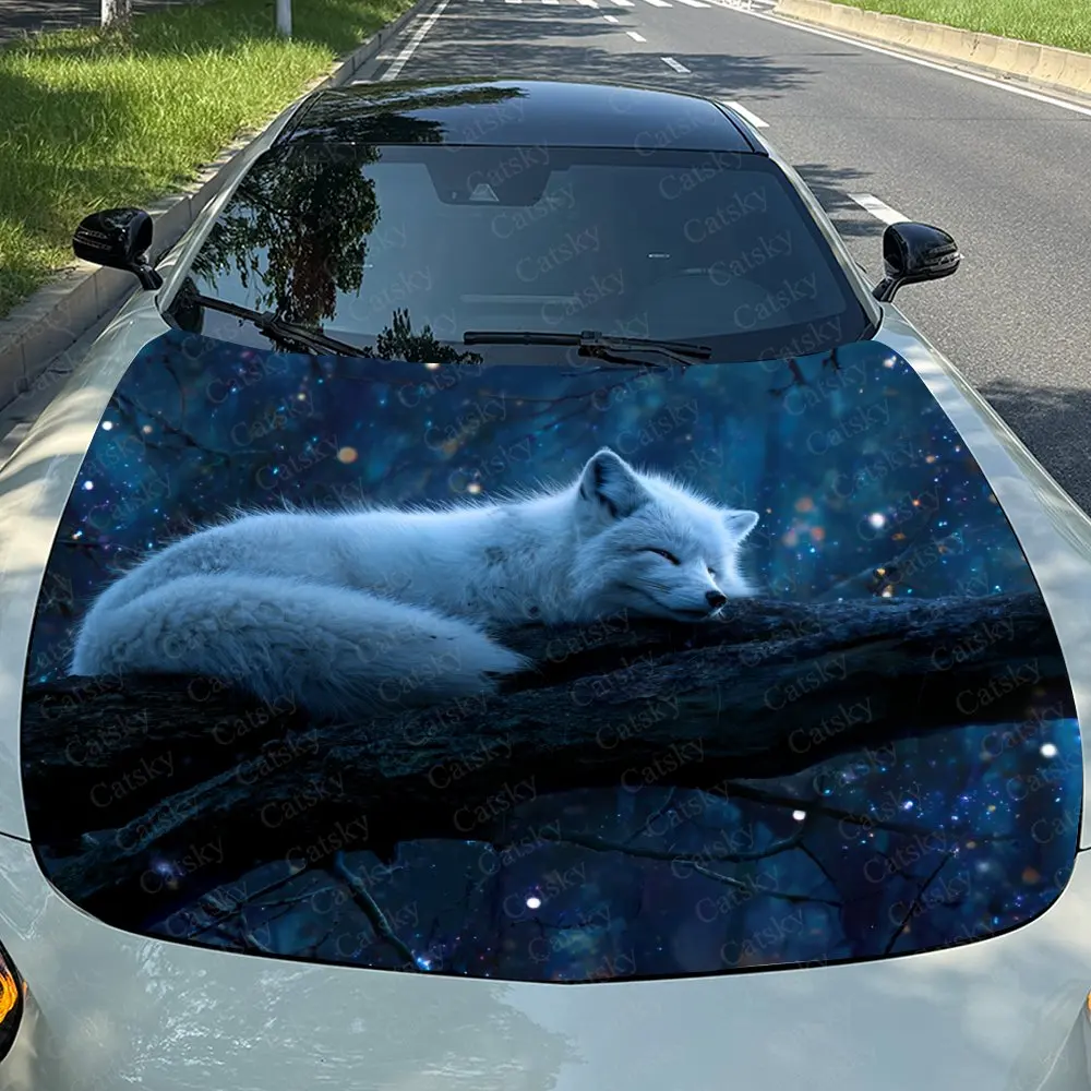 White Fox Car Hood Sticker, Splash Proof PVC, Easy To Disassemble, Waterproof And Scratch Resistant, Self-adhesive, High-quality