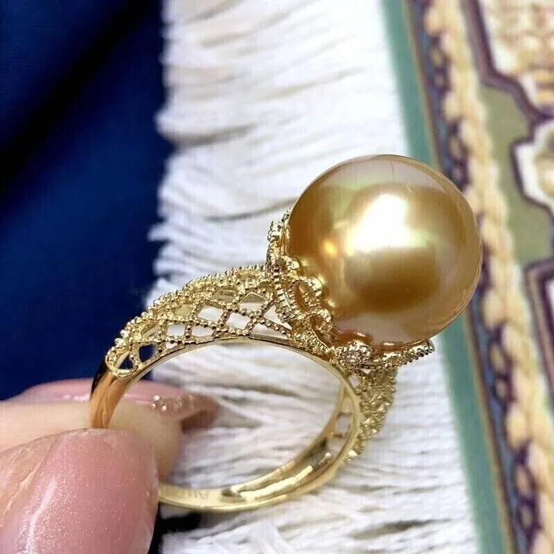 Gorgeous Huge AAAAA 10-11mm Natural Round South Sea Gold Pearl Ring Exquisite Versatile Women's Ring 925 Silver