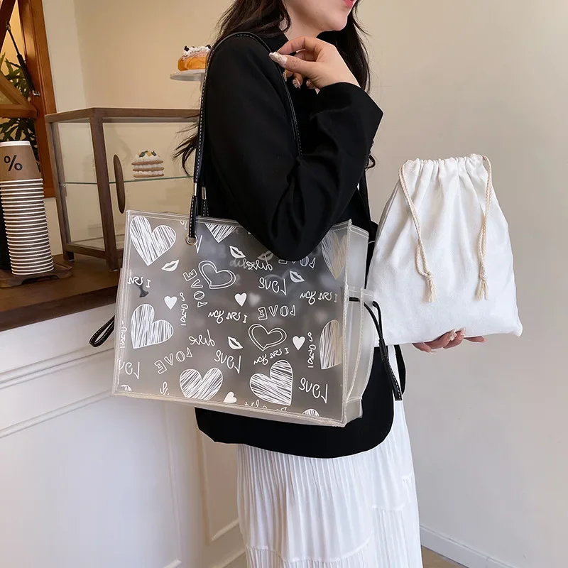 

Transparent PVC Jelly Bag for Women, Fashionable Graffiti, Large Capacity, Shoulder Tote Bag, Stylish See-through Bag for Ladies