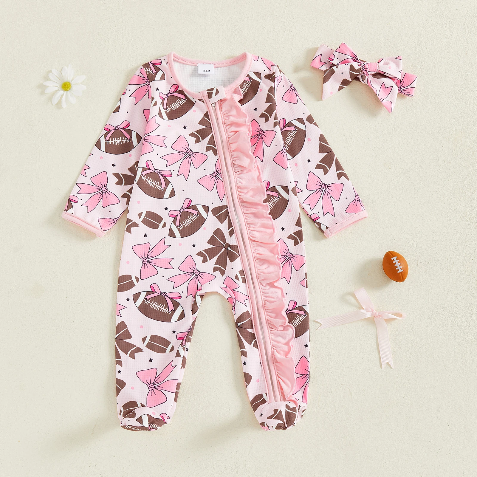 

0-6 Months Baby Girl Footed Romper Fashionable Bow and Rugby Print Ruffled Long Sleeve Jumpsuit with Headband