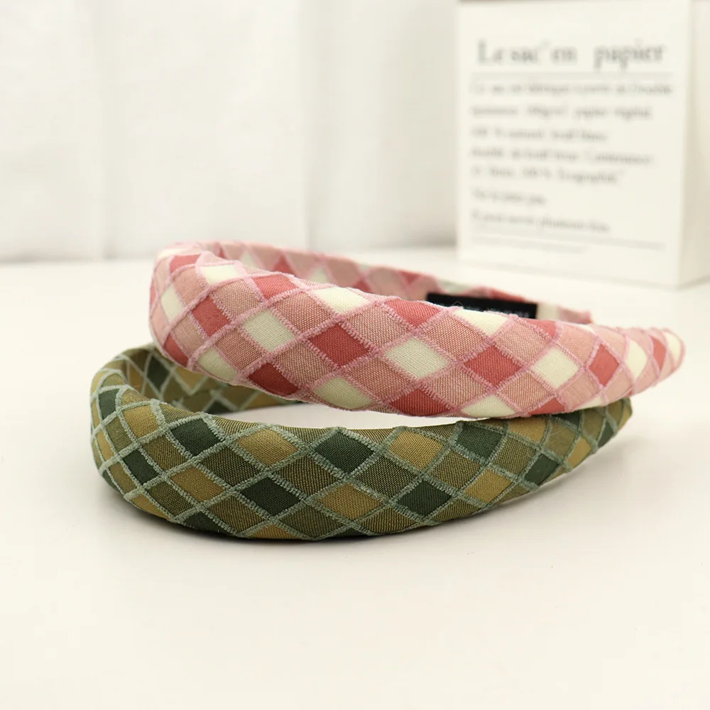 Korean plaid fabric flower headband sweet and cute girlish headband sponge high skull top hairband