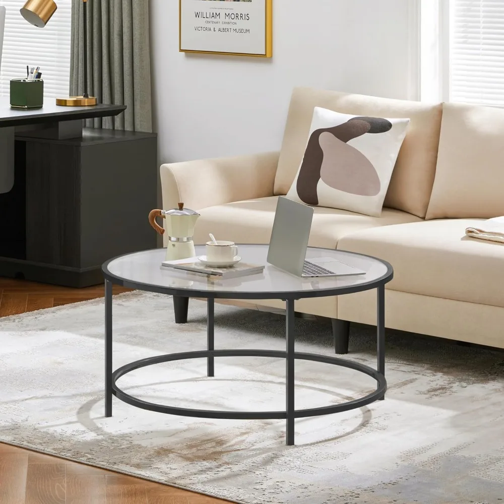 

36" Round Glass Coffee Table, Black Circle Coffee Table Center Table with Glass Top, Small Coffee Table for Living Room, Office
