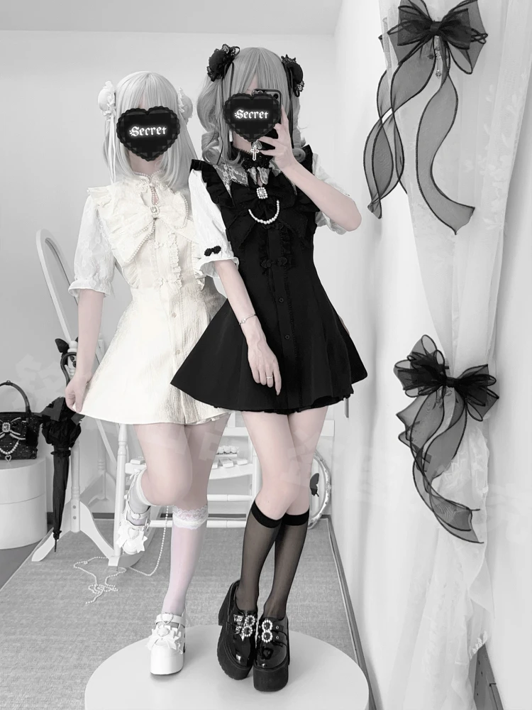 Japanese New Y2k Mine Series Summer Short-sleeved Top And Shorts Outfits Women's Chinese Style Kawaii Lace Black White Dress Set