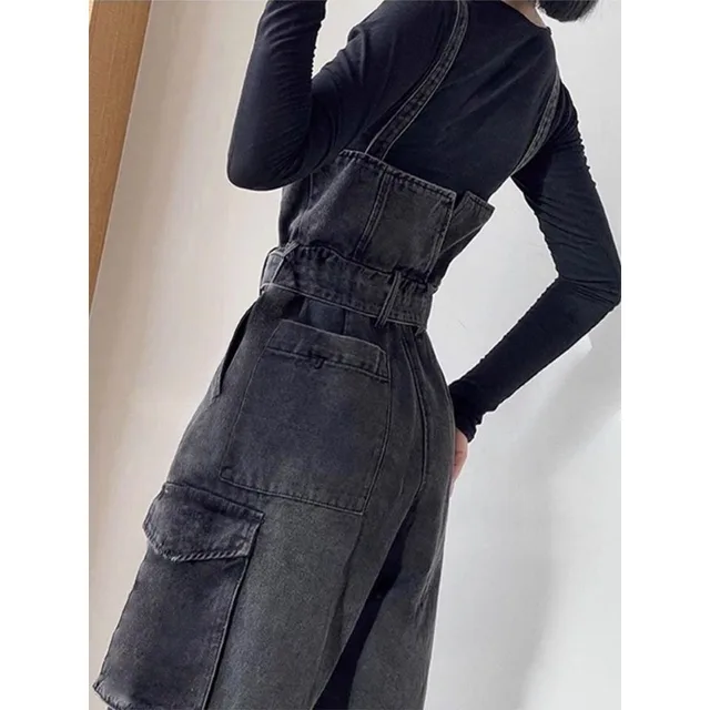 Women's Summer Adjustable Straps Cargo Pocket Denim  Non-Stretch High Waist Wide Leg Casual Vintage Y2K Streetwear Jumpsuit