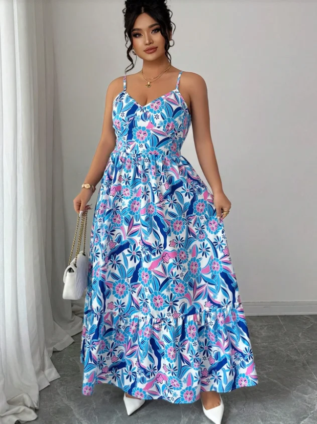 Vestido Maxi de Verano con Estampado Floral y Tirantes Finos para Mujer Tallas Grandes, Cuello en V, Ajuste en la Cintura, Estilo Acampanado, Ideal para Vacaciones