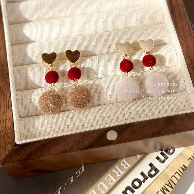 Earrings Heart Enamel Fluffy Ball Drop Style Winter New Trendy for Women Premium Cute Soft Lightweight Versatile Accessories