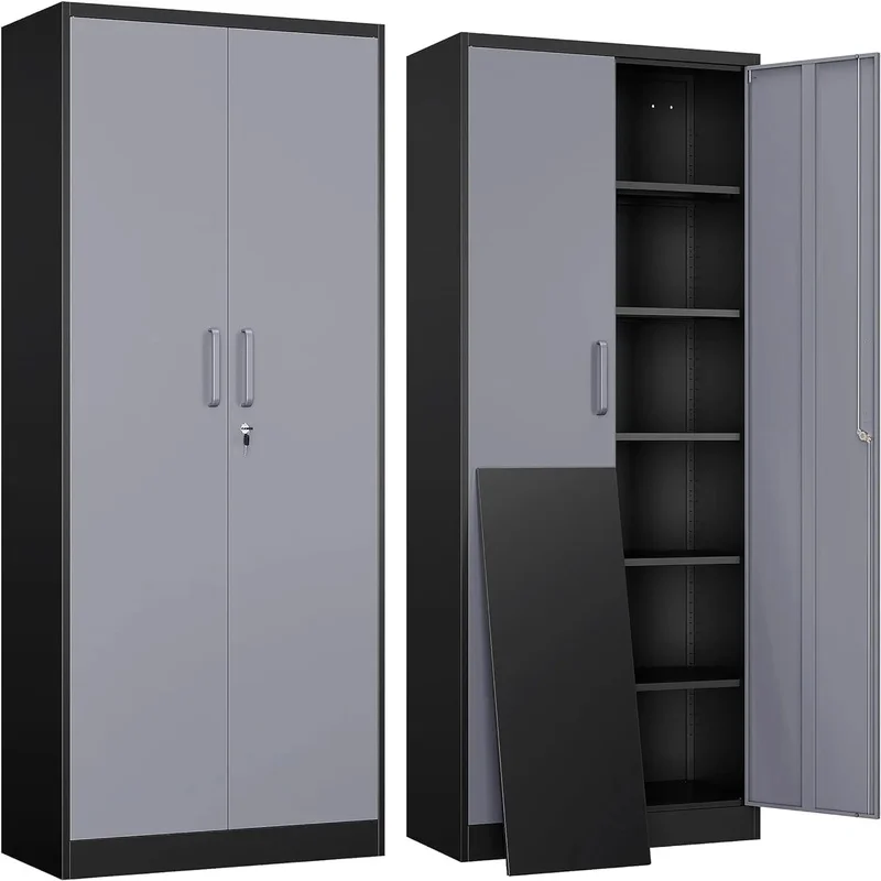 

71" Metal Storage Cabinet with 2 Doors and 5 Adjustable Shelves, Lockable Steel Filing and Tool Cabinet
