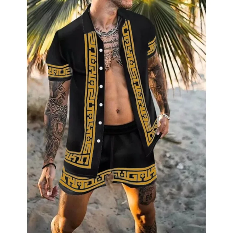 

2025 Summer Men's Fashion Leopard Print Short Sleeve Hawaiian Shirt Set Beach Style T Shirt Breathable Shorts 2 Piece Set