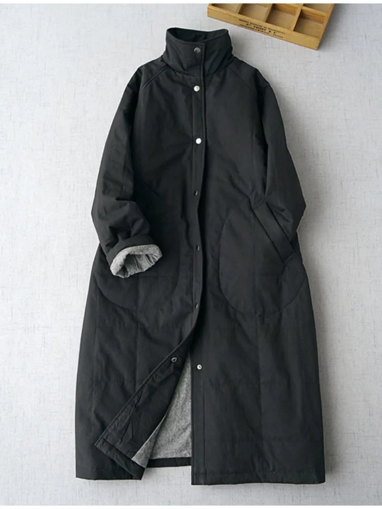 Kaki Color Thickened Winter Coat Women's Cotton Jacket over Knee Length Mid-Length Commuter Style Loose Fit Long Sleeve Coat