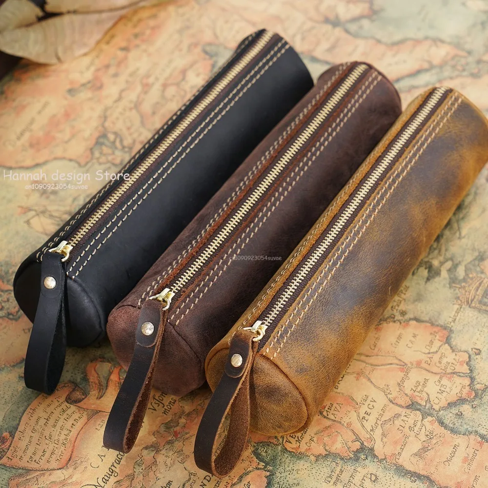 

Vintage Genuine Leather Makeup Storage Zipper Pocket Top Layer Crazy Horse Leather Handmade Zero Wallet Student Stationery Bag