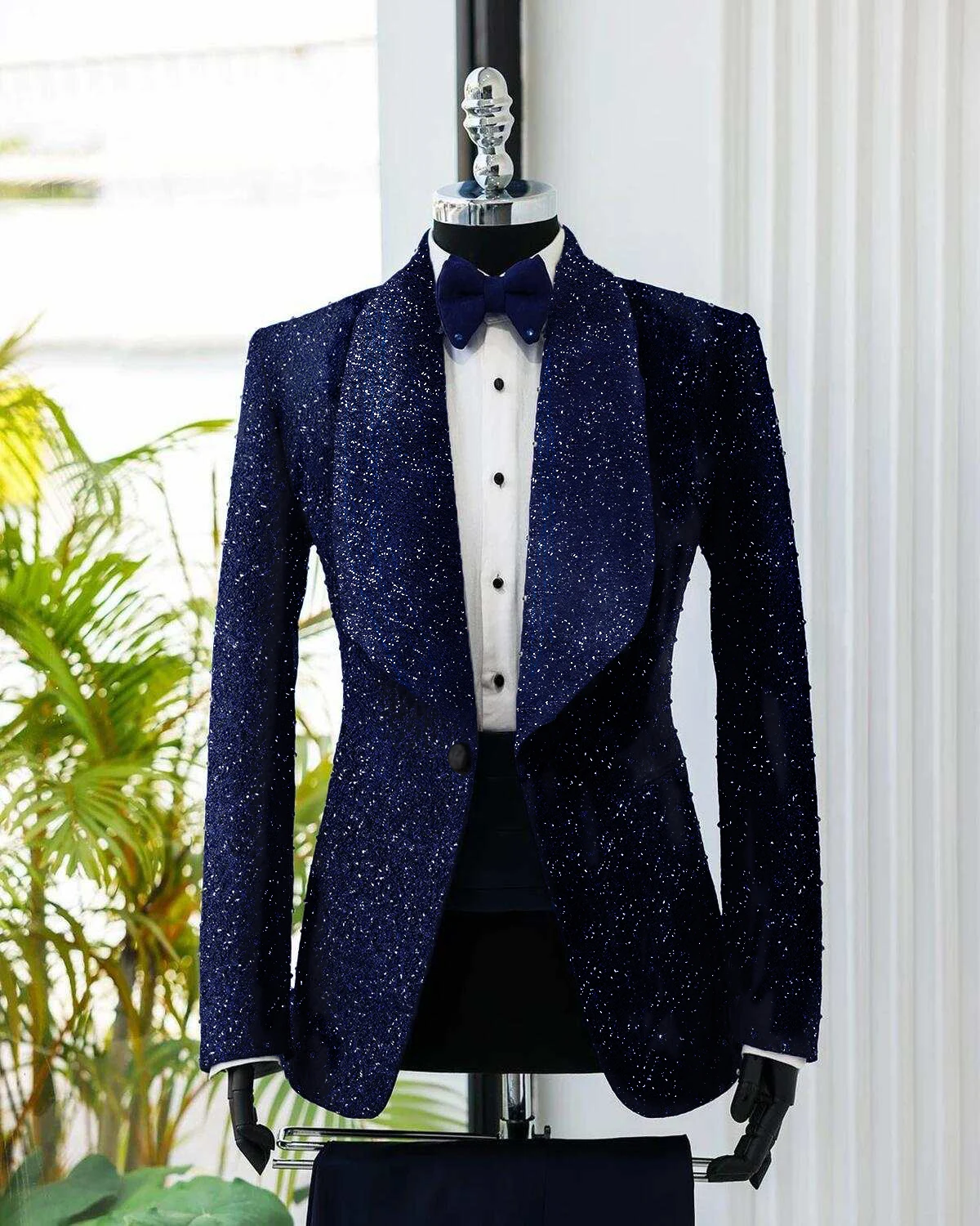 Smokings de mariage à paillettes personnalisés pour hommes, revers châle design, coupe classique, tenue de fête du marié, blazer, manteau, pantalon noir, 2 pièces