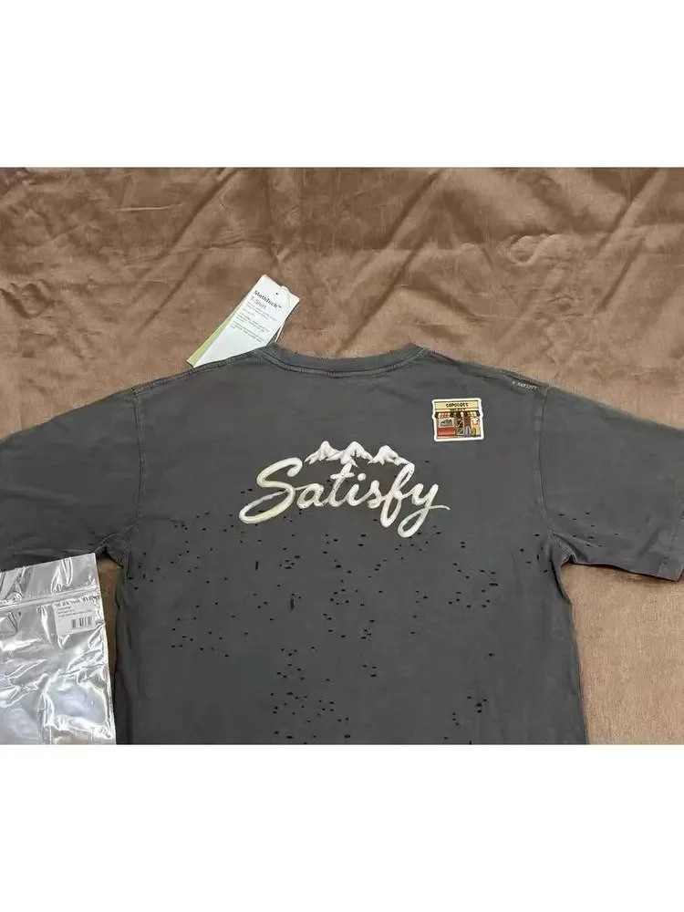 Satisfy MothTech Dark Grey Washed Old Ripped Design Short Sleeve T-Shirt