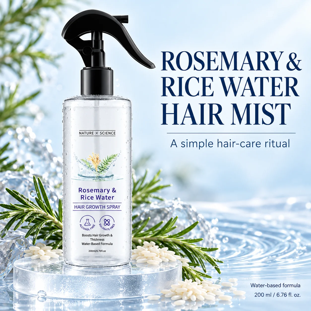 Rosemary & Rice Water Hair Spray 200ml Alcohol Free Sulphate Free Nourish Scalp Strengthen Hair Thicken Hair Care Spray