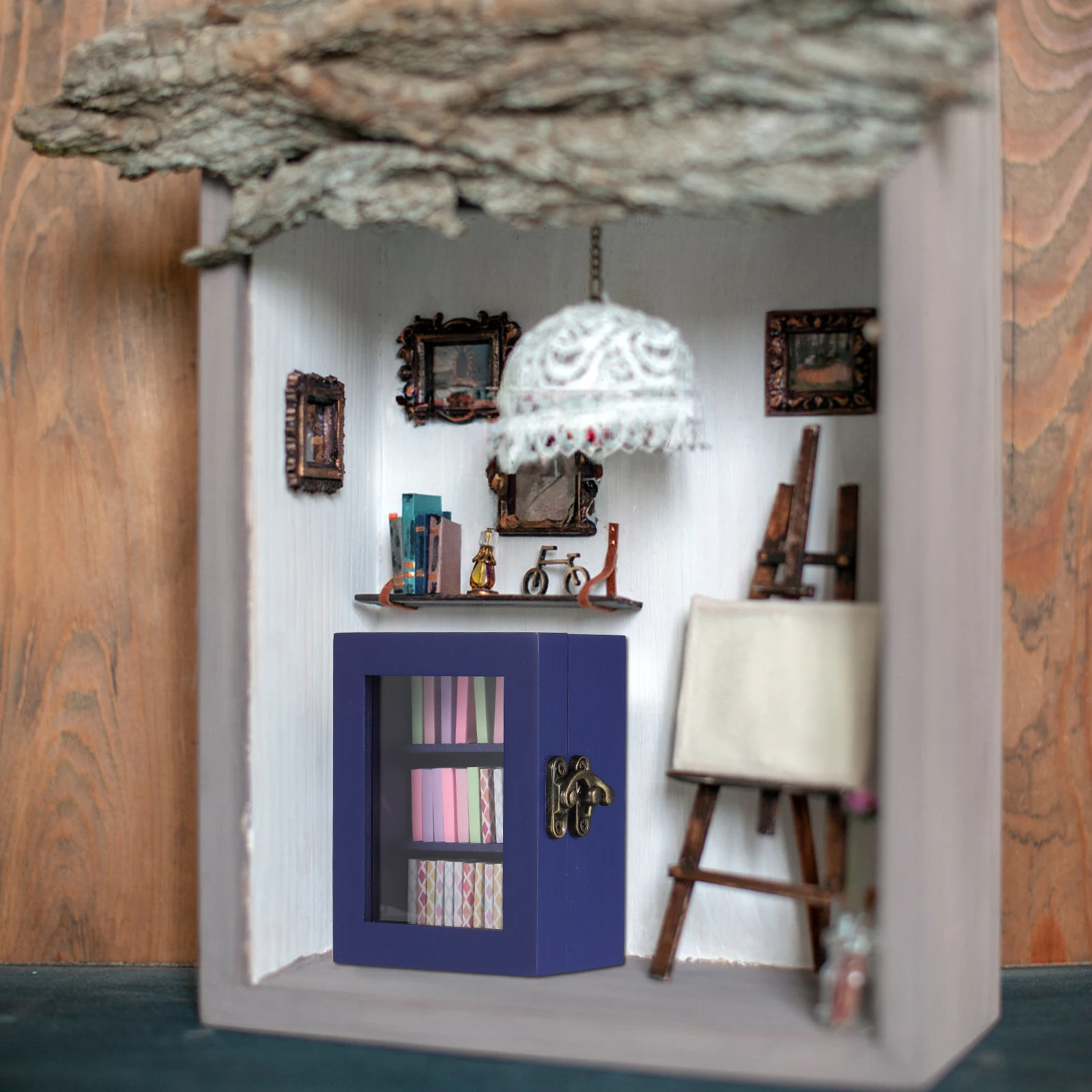 

Miniature Wooden Bookcase Rustic Charm Tiny Bookshelf for Dollhouses Functional Door Latch Mini Furniture Decor Display