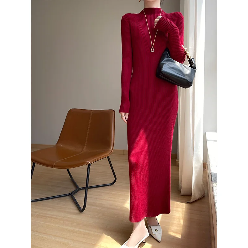 Autumn And Winter New Semi High Neck Solid Color Knitted Dress For Women Slim Fit And Slimming Look Base Sweater