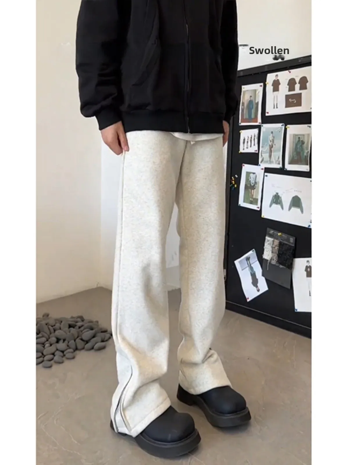 

Cleanfit Men's Fce Lined Straight Leg Sweatpants High Street Sle Zippered Cuffed Sports Trousers Trendy Autumn Winter