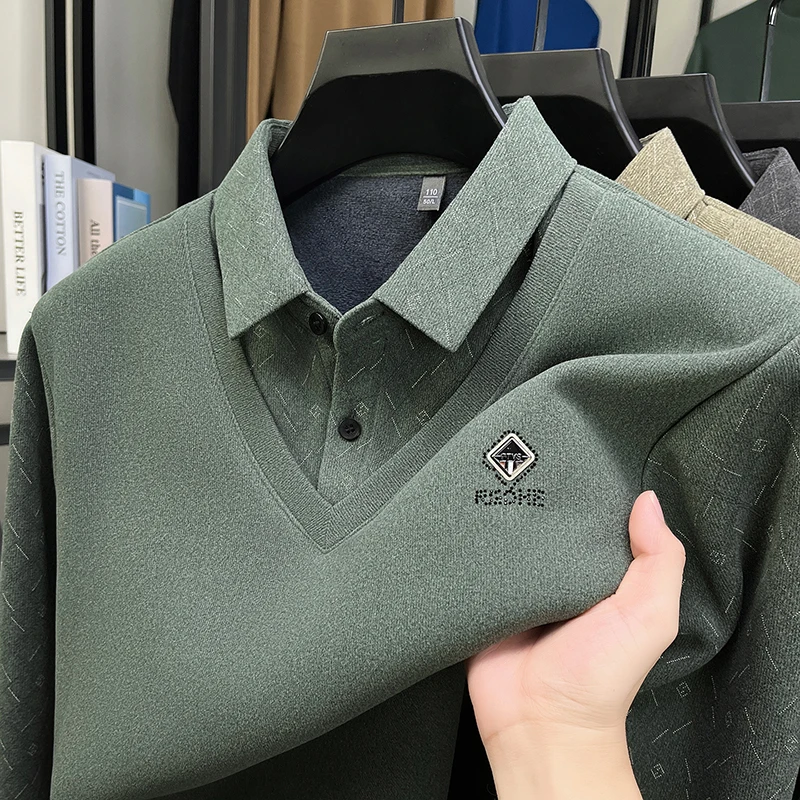 Marca de moda em relevo camisa gola camisola masculina inverno pelúcia grosso quente luxo novo pulôver de malha negócios casual masculino wear