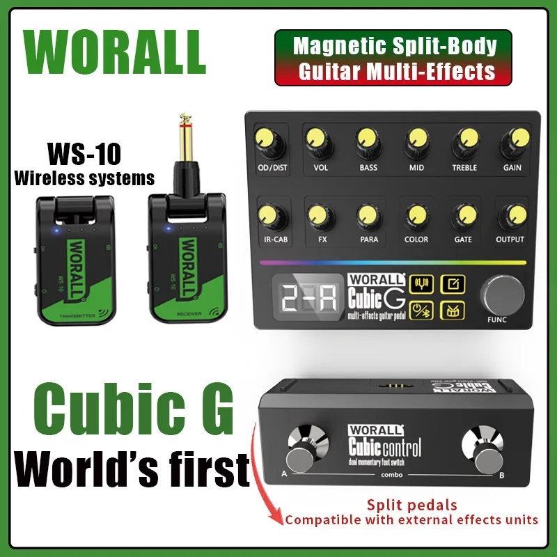 WORALL Cubic G Magnetic Split All-in-One Guitar Multi-Effects 97 Effects 8 FX Modules IR Loading 40 Presets BT OTG USB-C