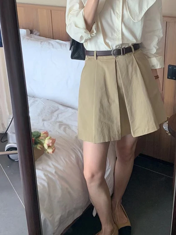 Khaki Versatile A-Line  Skirt Women's Summer High Waist Anti-Light Slimming Short Skirt Commute Style 2025 New Arrival