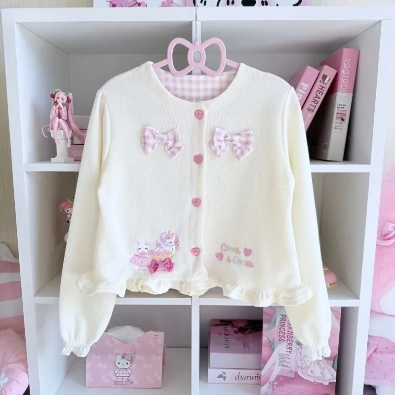 Japanese Kawaii Lolita Style Cartoon Embroidery Jacket Women Cute Y2k Bow O-Neck Cropped Coat Girls Sweet Princess Cardigan Tops