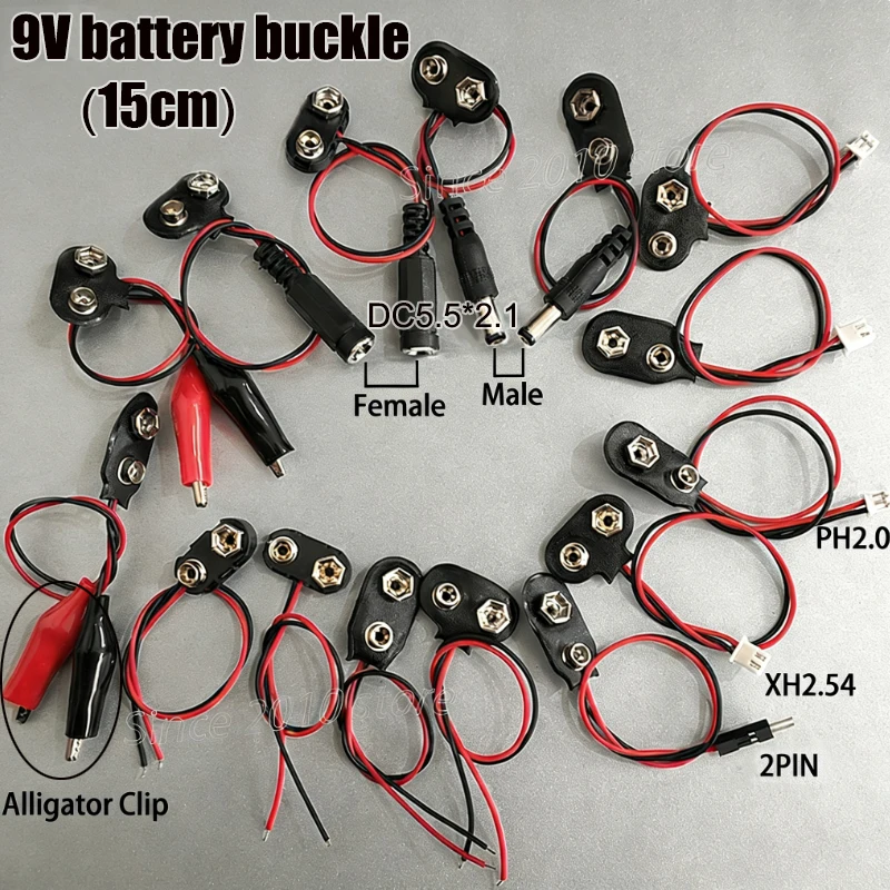 Cltgxdd 9V Battery Clips 10-15cm DC5521 Male/Female Connector Buckle 9 Volt Battery Clip Connector I/T-Type Battery Holder