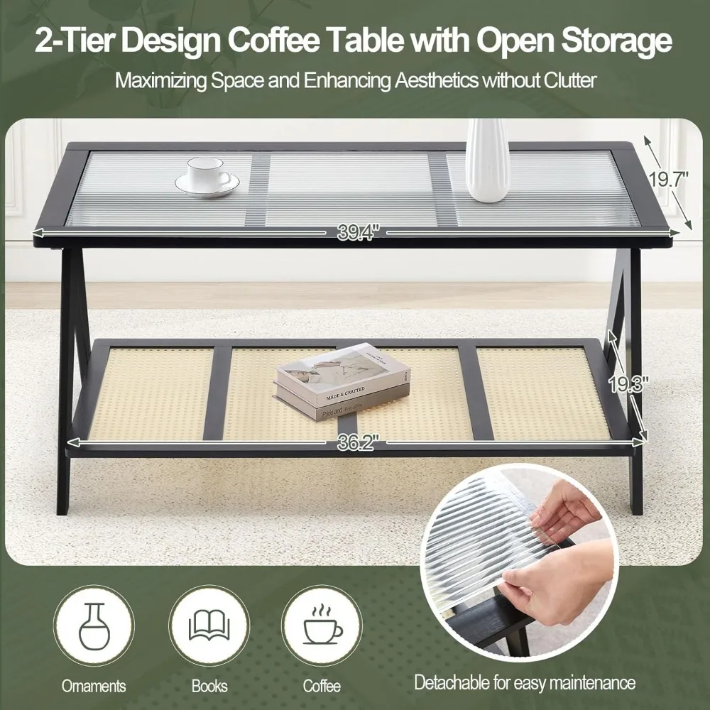 Modern Rectangle Coffee Table with Bamboo Frame, Imitation Rattan Shelf, Ribbed Glass Top, Boho Style