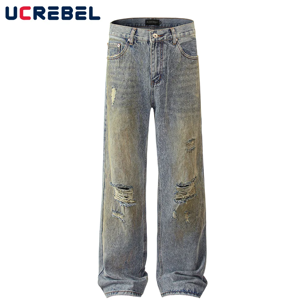 

Washed Distressed Beggar Jeans Mens Ripped High Street Straight Loose Pocket Denim Pants Men Trousers