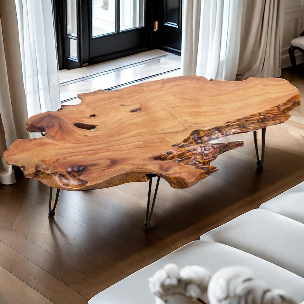 Mesa de centro |   Diseño de madera natural |   Mesa de centro de madera hecha a mano para sala de estar y mesas auxiliares, con patas de horquilla de metal