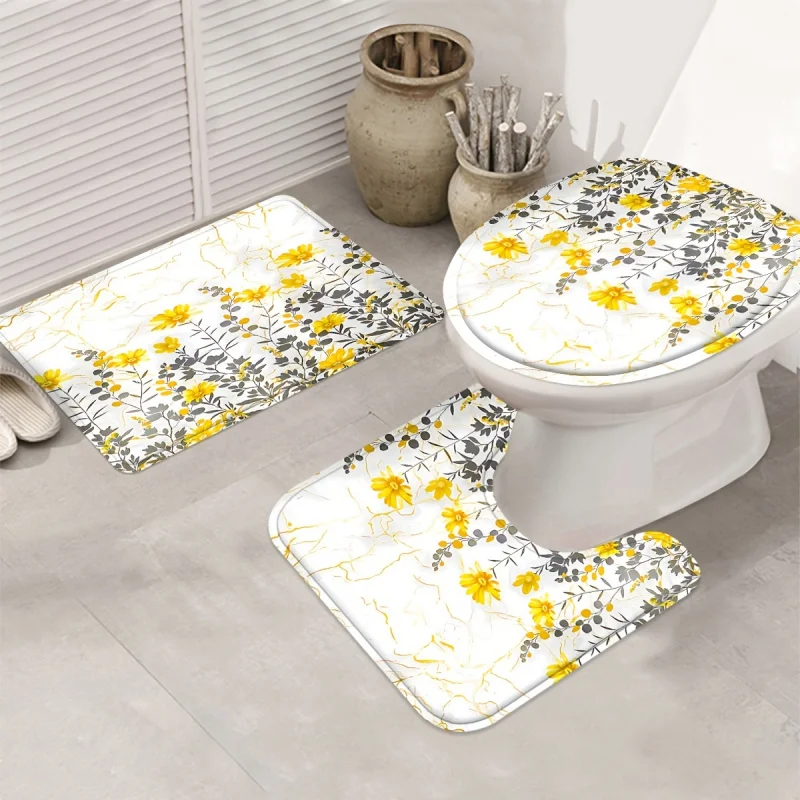 1/4pcs Yellow Flower Shower Curtain, Waterproof Shower Curtain With 12 Hooks, Bathroom Rug, Toilet U-Shape Mat, Toilet Lid Cover