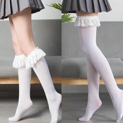 JK-calcetines largos de encaje para mujer, medias de terciopelo blanco y negro, hasta la rodilla, Sexy, Kawaii, Cosplay, Anime, con volantes, de nailon