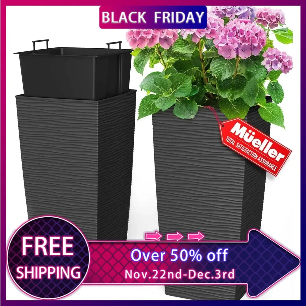 M-Resin Heavy Duty Tall Planter, Indoor/Outdoor Grande Plant, Tree, Flower Pot,2-Piece Set, 24”,Modern Design, Built-in Drainage