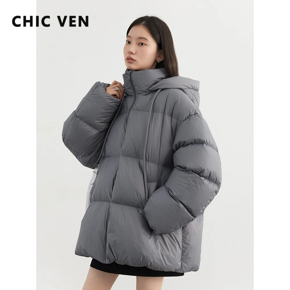 معاطف نسائية أنيقة من CHIC VEN مع قلنسوة فضفاضة غير رسمية 90 سترات بيضاء مبطنة للأسفل معطف نسائي كوري لخريف وشتاء 2025
