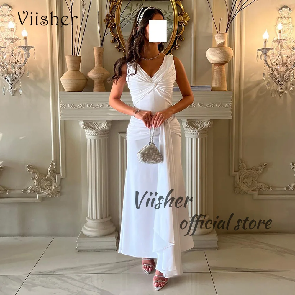 

Viisher White Satin Mermaid Evening Dresses Sleeveless V Neck Elegant Formal Dress Dubai Arabic Prom Party Dress Ankle Length