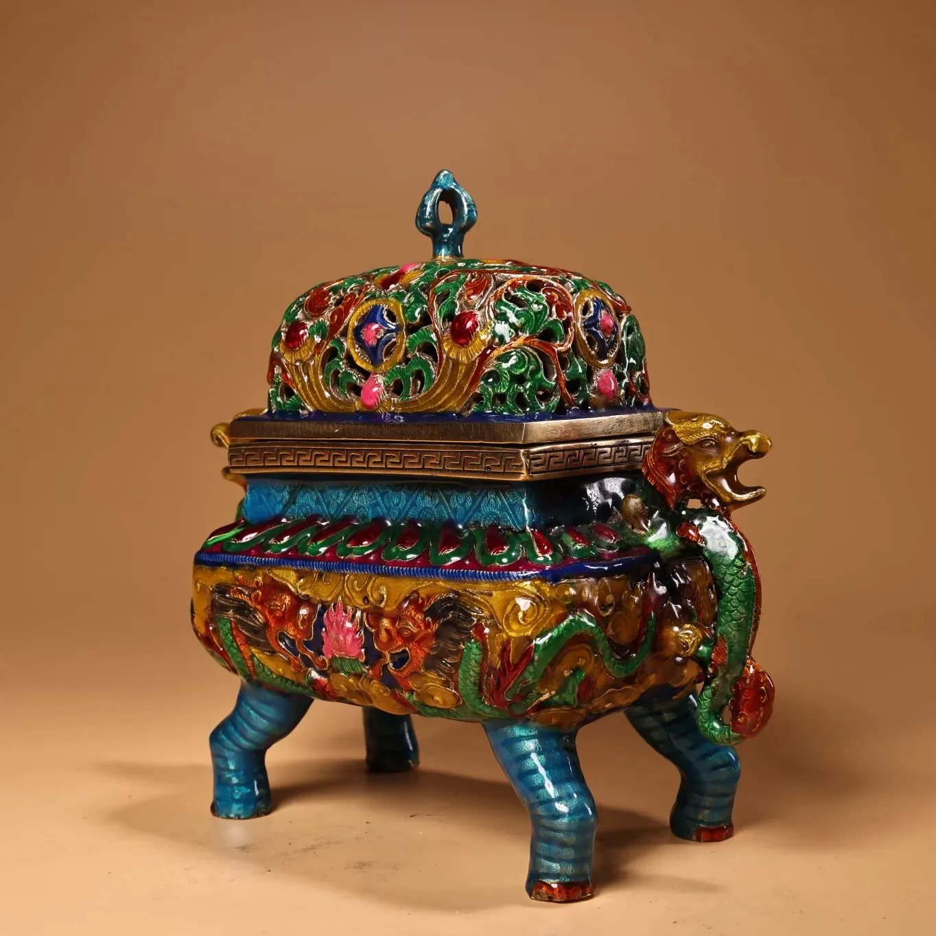 Bronze Cloisonne Enamel Phoenix Hollow out Cover Dragon Ear incense burner