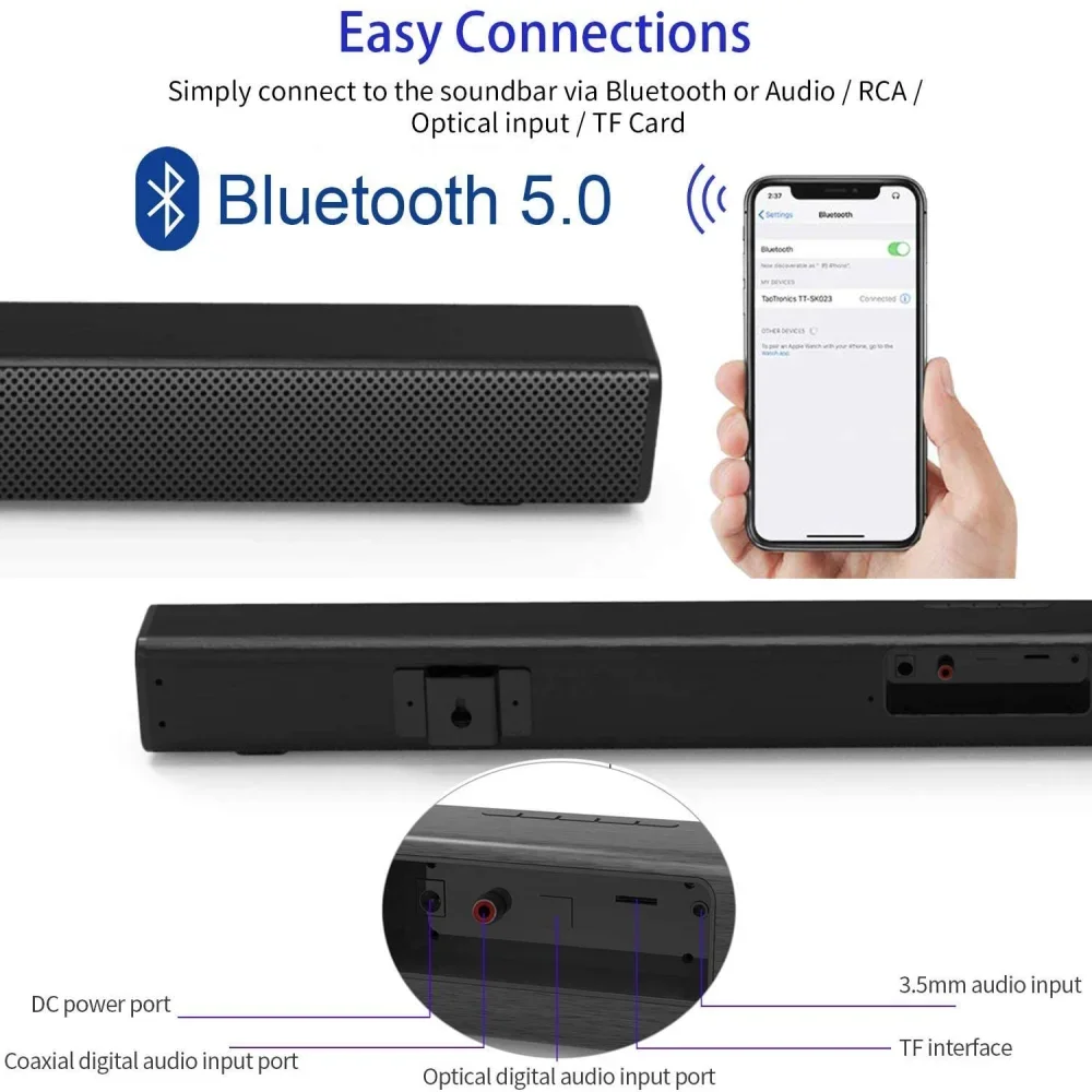 Soundage 50W TV Soundbar Wired and Wireless Bluetooth 5.0 Surround Sound Bar Stereo Speaker Home Theater Soundbars Wall-Mounting