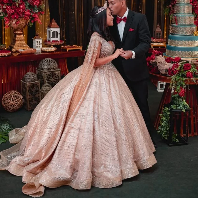 Błyszcząca Sukienka Quinceanera w kolorze szampańskim, z odkrytymi ramionami, kryształkami, brokatem i kwiatowymi aplikacjami, vestidos de 15 Quinceanera ﻿ Dostosuj