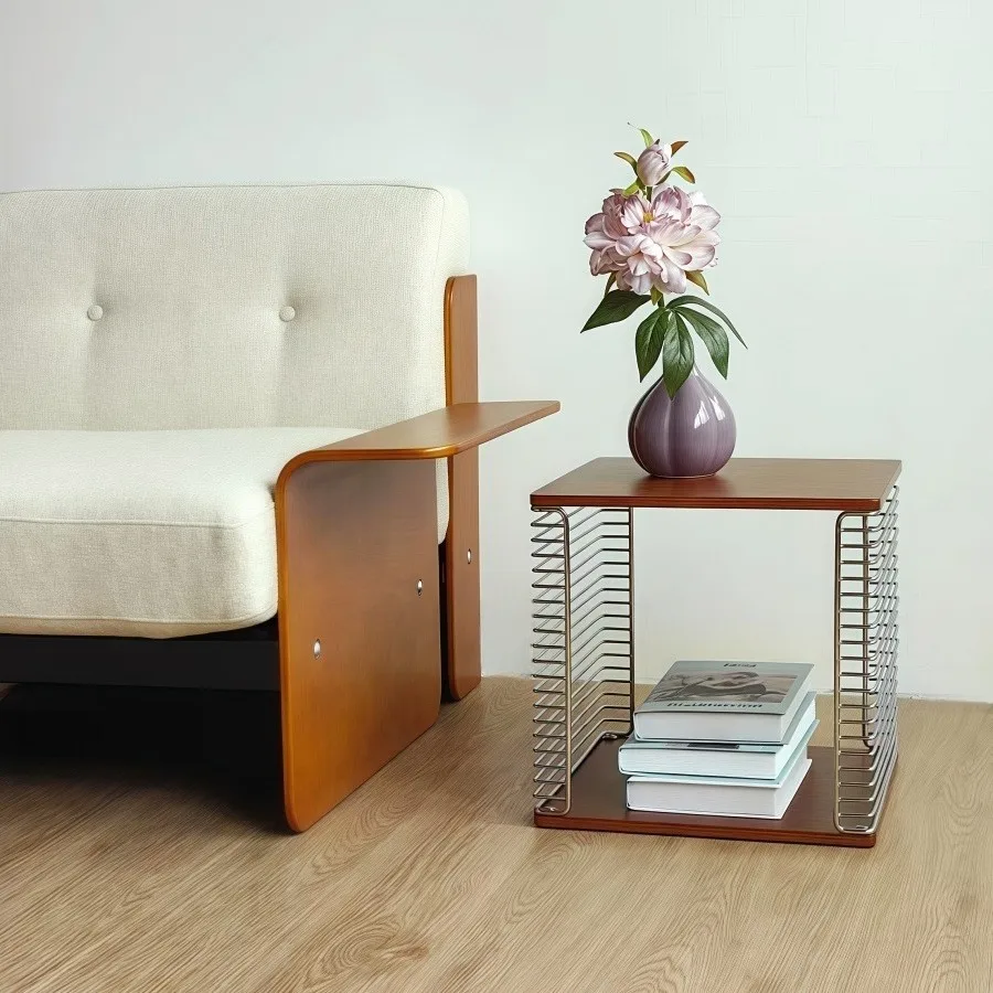 Modular Nordic Metal Shelf Stainless Steel Edge Table Coffee Table Movable Solid Wood Sofa Storage Light Luxury