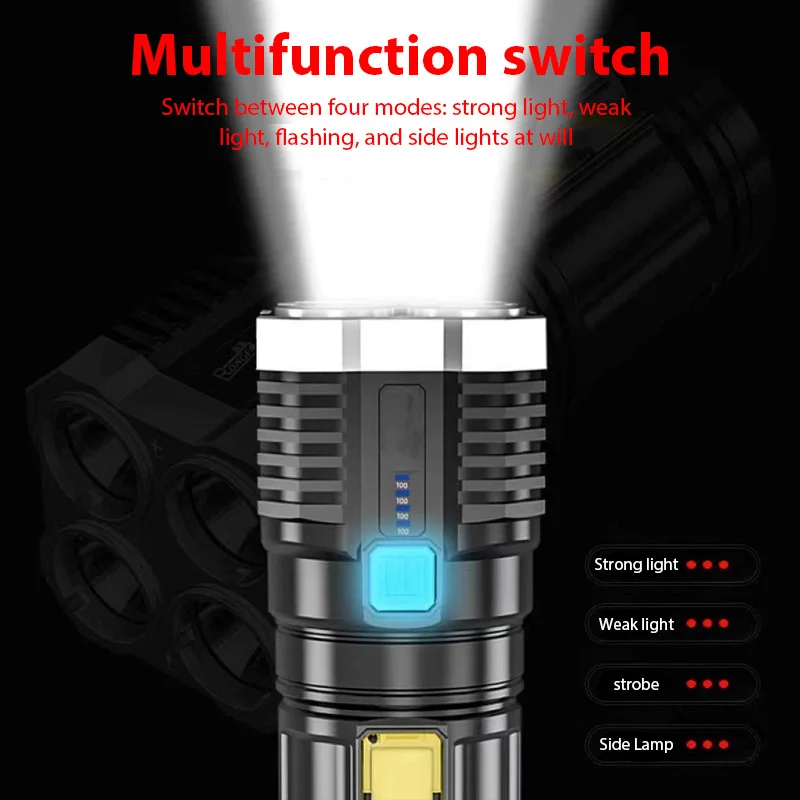 Outdoor Strong Light Torch 4LED Super Bright Flashlight Rechargeable Telescopic Zoom Torch with COB Side Light Camping Fishing W