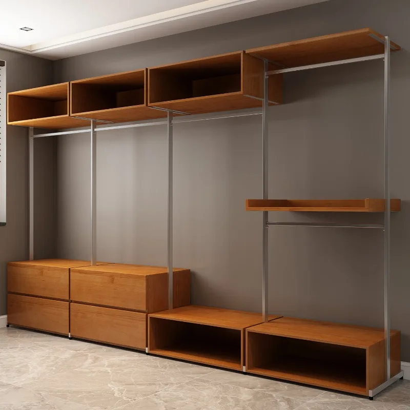 Metal wardrobe, household bedroom full wall-mounted cloakroom, solid wood custom steel frame open