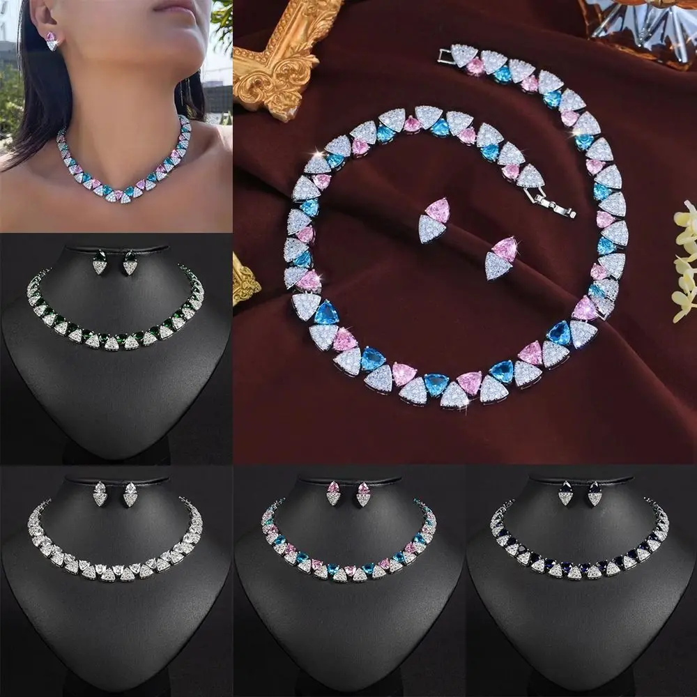 Shiny Zirconia Earring Set Triangle Shape Pave Setting Bridal Jewelry Set Sparkling Finish Clavicle Choker Wedding Jewelry Set