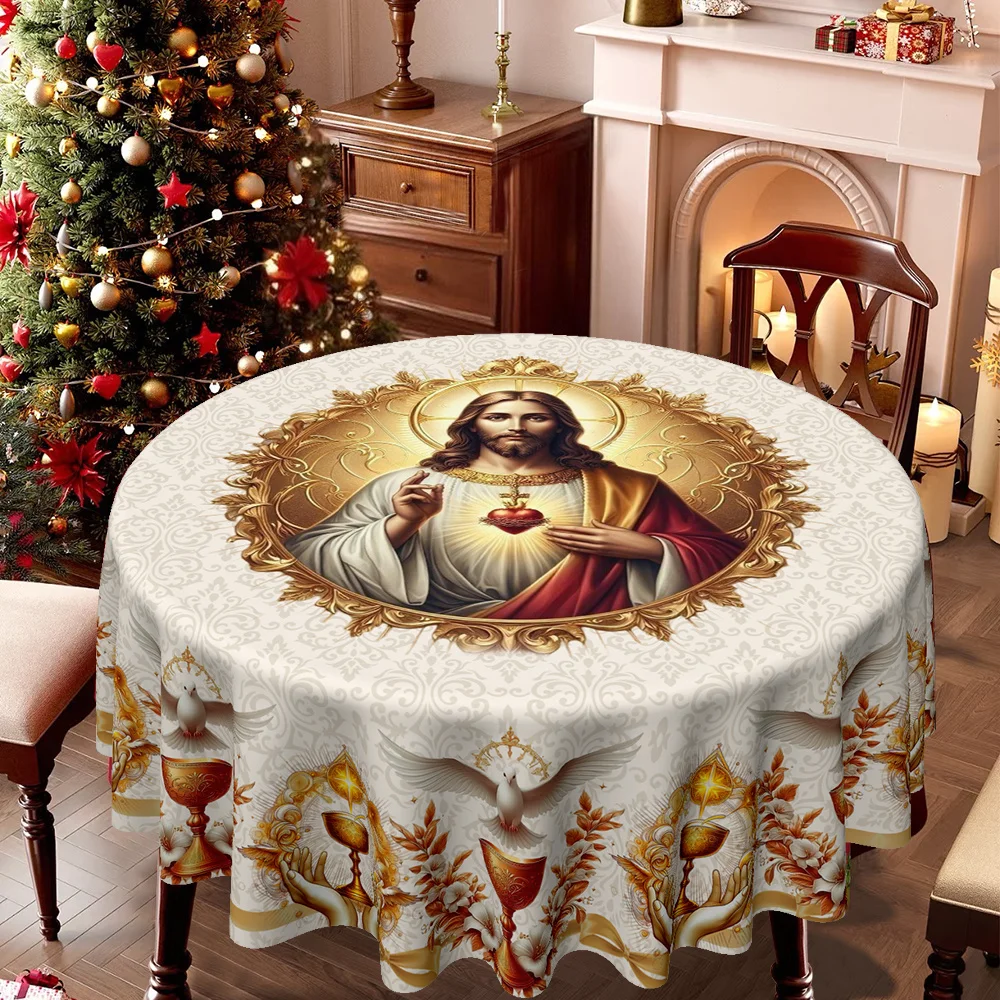 1Pc 2D Flat Merry Christmas Religious Theme Jesus White Dove Blessing Printed Kitchen Dining Room Round Tablecloth
