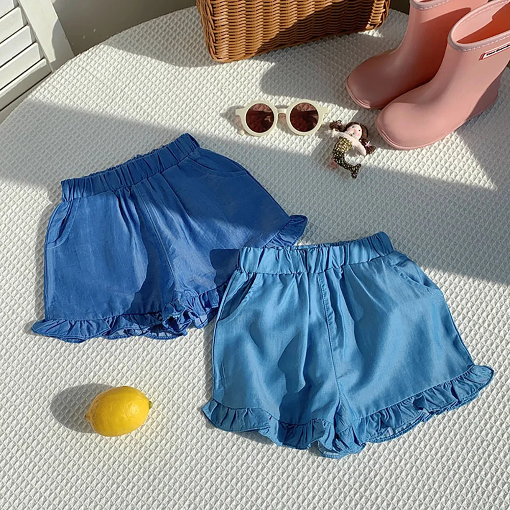 الفتيات طفل الصيف رقيقة الدنيم السراويل 2025 الكشكشة مرونة الخصر سراويل قصيرة غير رسمية الاطفال الأزرق السراويل الساخنة ملابس الأطفال السراويل #4